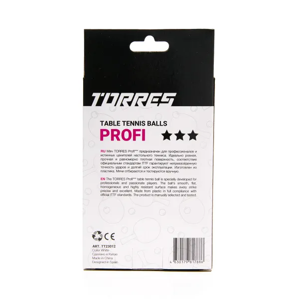 Мяч для наст. тенниса TORRES Profi 3*, TT23012, диам. 40+мм, упак. 6 шт, белый за 338.30 ₽ в Сургуте